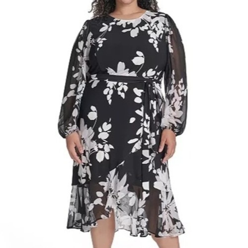 Tommy Hilfiger Chiffon Long Sleeve Floral Black Midi Dress Womens Size 16 READ